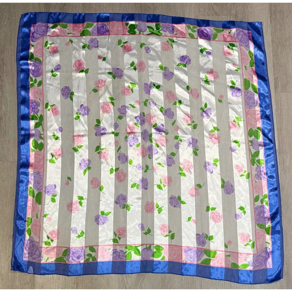 Vintage Floral Square Scarf Women OS Blue Rose Striped Sheer Boho Made in Korea